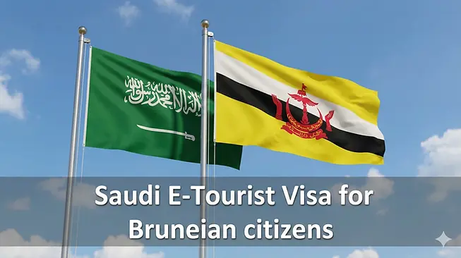 Brunei Saudi Arabia and Brunei flags flying together in the sky representing Saudi E-Tourist Visa for Brunei citizens