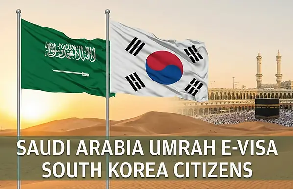 Saudi Arabia flag combined with South Korea flag, set against a scenic Saudi background with overlay text 'Saudi Arabia Umrah E-Visa South Korea Citizens'.
