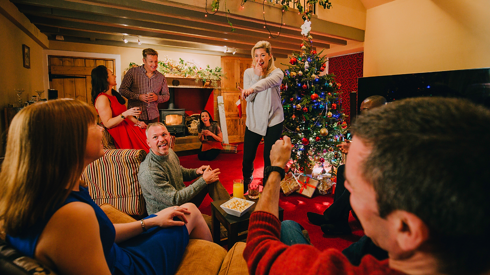 family playing movie trivia quiz in christmas
