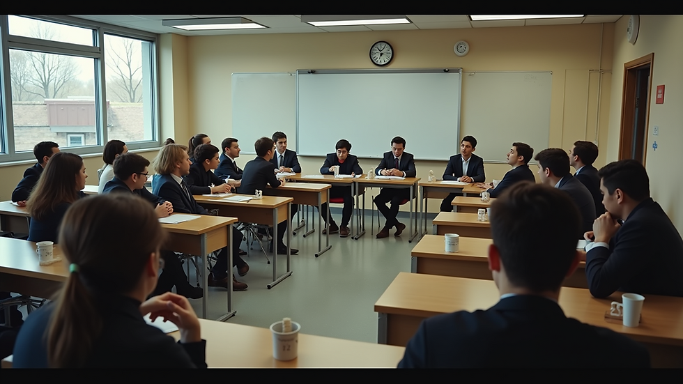 High angle view of a classroom with students participating in a USA trivia game