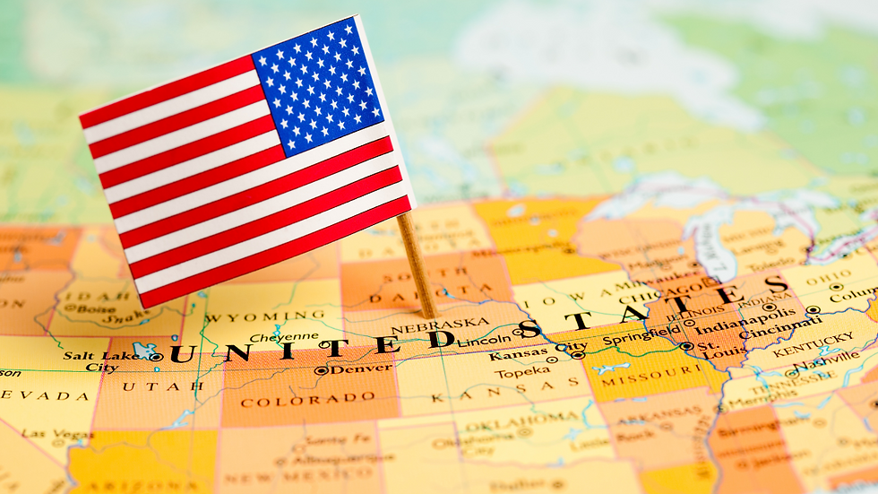 Close-up view of a US map highlighting different states