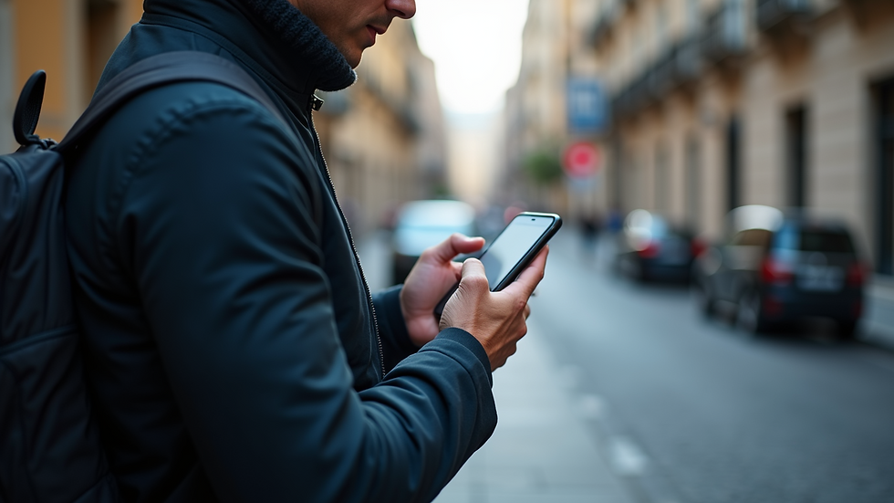 Vista de un usuario interactuando con una aplicación móvil en un entorno urbano
