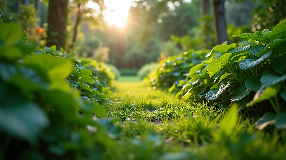 Eye-level view of a lush green garden with diverse plants