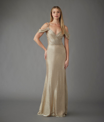 green emerald velvet dress Hayley Paige Metallic Rose One Shoulder Maxi Formal Dress main image 1