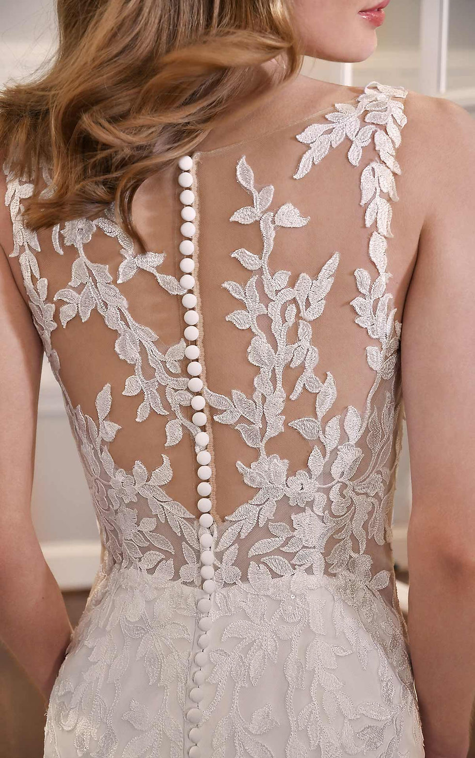 Thumbnail: EOA Leafy Lace Fit-and-Flare Wedding Dress Size 12 with Back Details D3301