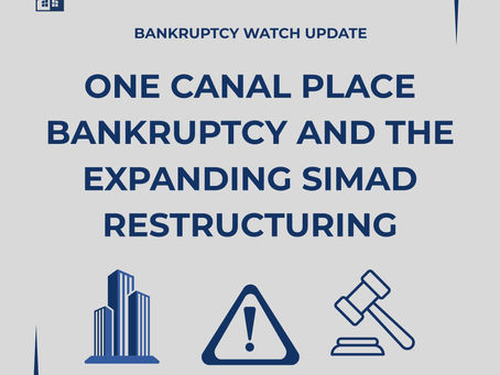 Bankruptcy update graphic for One Canal Place, with city, warning, and gavel icons; text: SPE Specialists.