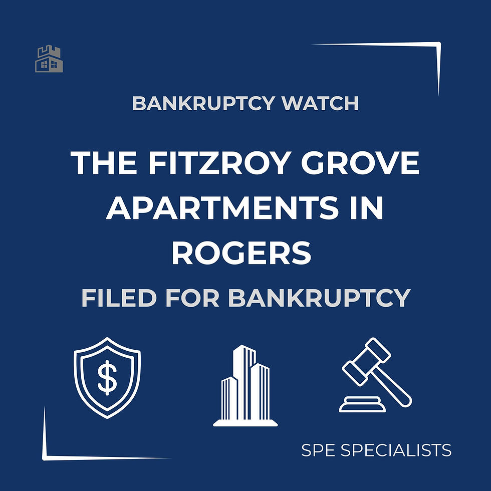 Blue background with white text: "Bankruptcy Watch - The Fitzroy Grove Apartments in Rogers filed for bankruptcy." Icons of a dollar shield, buildings, and gavel.