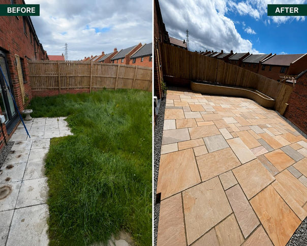 Before and after garden patio transformation in Blyth, featuring natural stone paving, decorative gravel borders and a curved retaining wall.