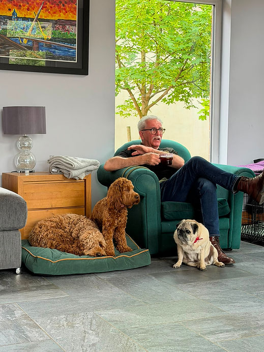 Dog behaviourist relaxing at home with a cockapoo and pug