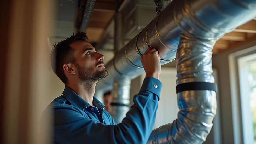 Close-up view of a technician inspecting furnace ductwork in a residential home