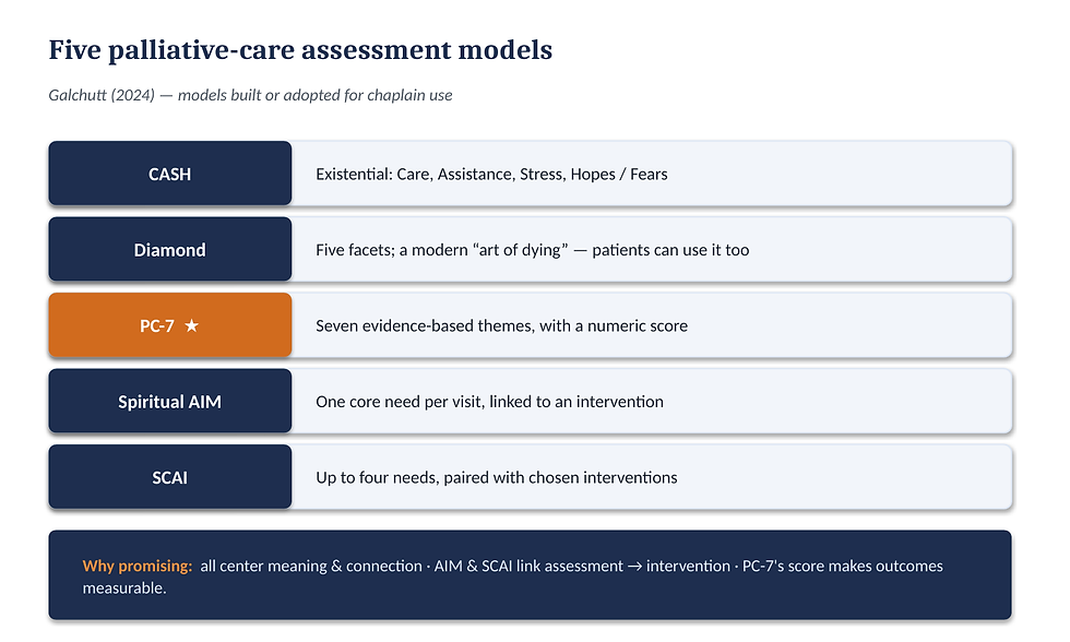 Five palliative-care spiritual assessment models: CASH, Diamond, PC-7, Spiritual AIM, SCAI