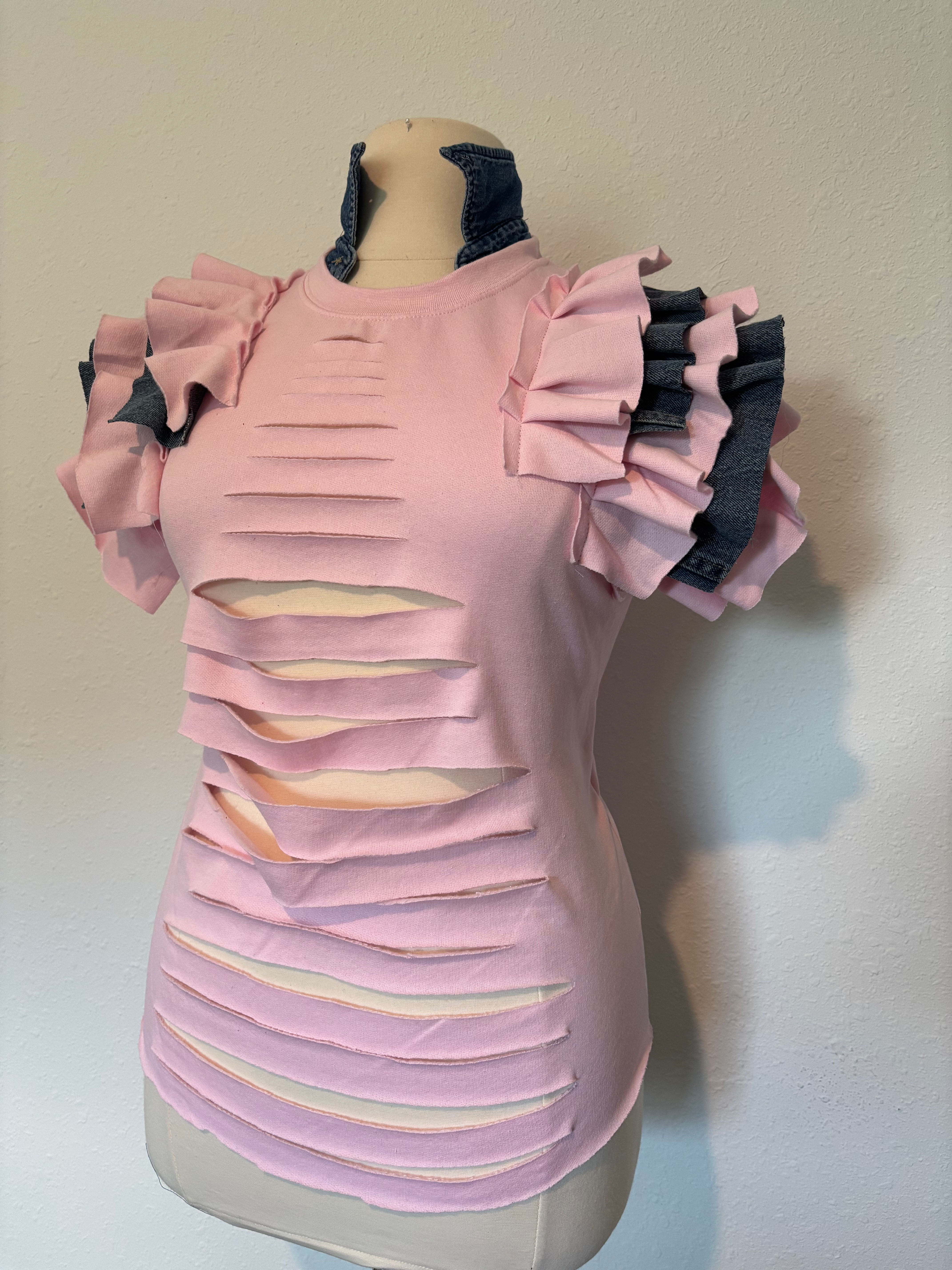 Ruffle Ripped Sweatshirt w/denim Large 