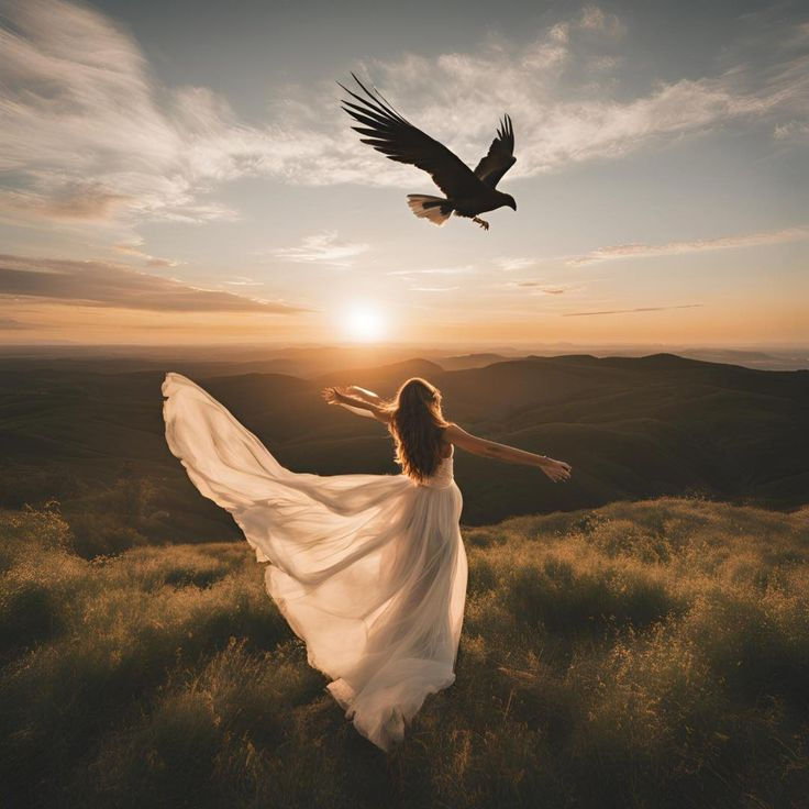 A woman with open arms on the mountain