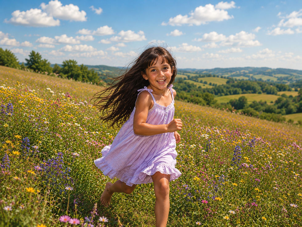 Girl running in a flower field