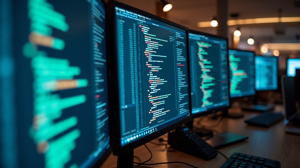 High angle view of a modern office workspace with multiple monitors displaying code