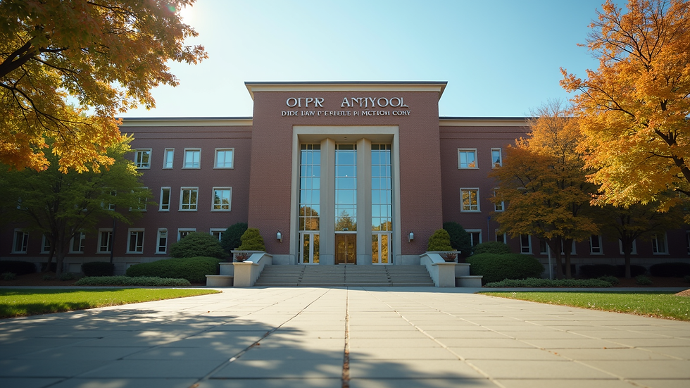 Eye-level view of a law school campus building