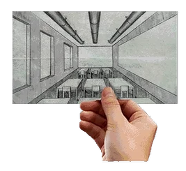 A hand holds up a printed card showing a classroom with windows looking out into a starry galaxy sky, using AR