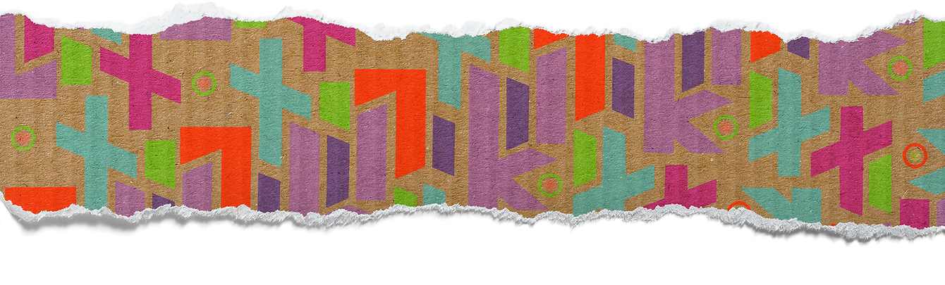 Torn paper strip with colorful shapes, geometric patterns, and various colors.