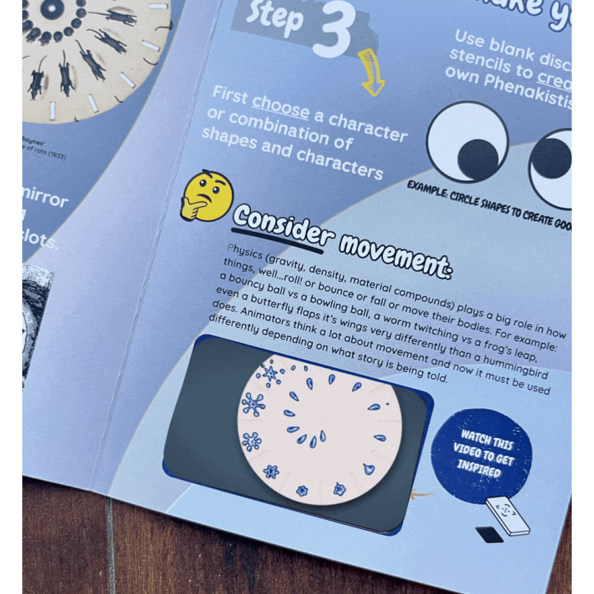 Close-up of a LitKit instruction booklet showing a step labeled “Consider movement” with a sample animation disc