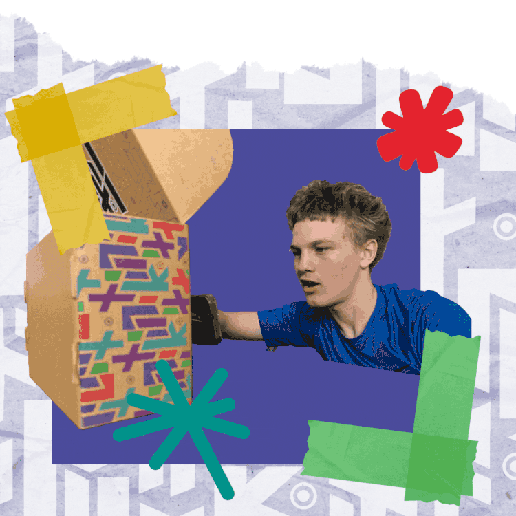 A teenager in a blue shirt reaches into a colorful LitKit box decorated with bold geometric patterns