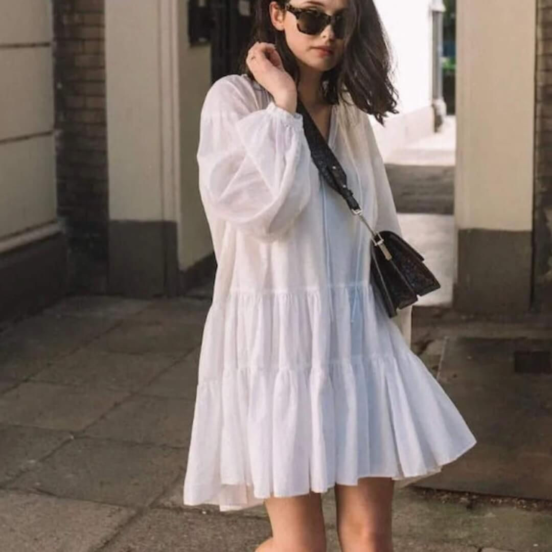 Women's Linen Smocked Midi Dress with Puff Full-Sleeves