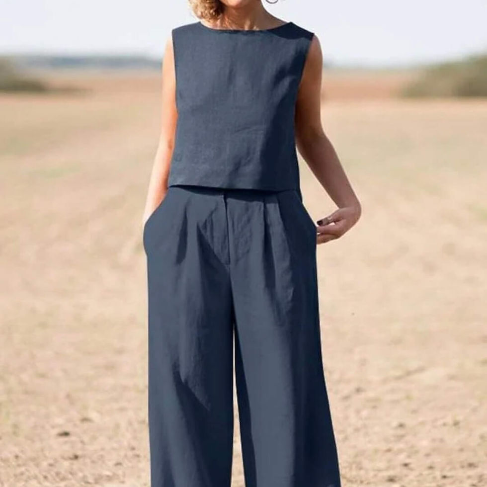 Women's Linen Sleeveless Henley Top and High-Waisted Pants Co-ord Set