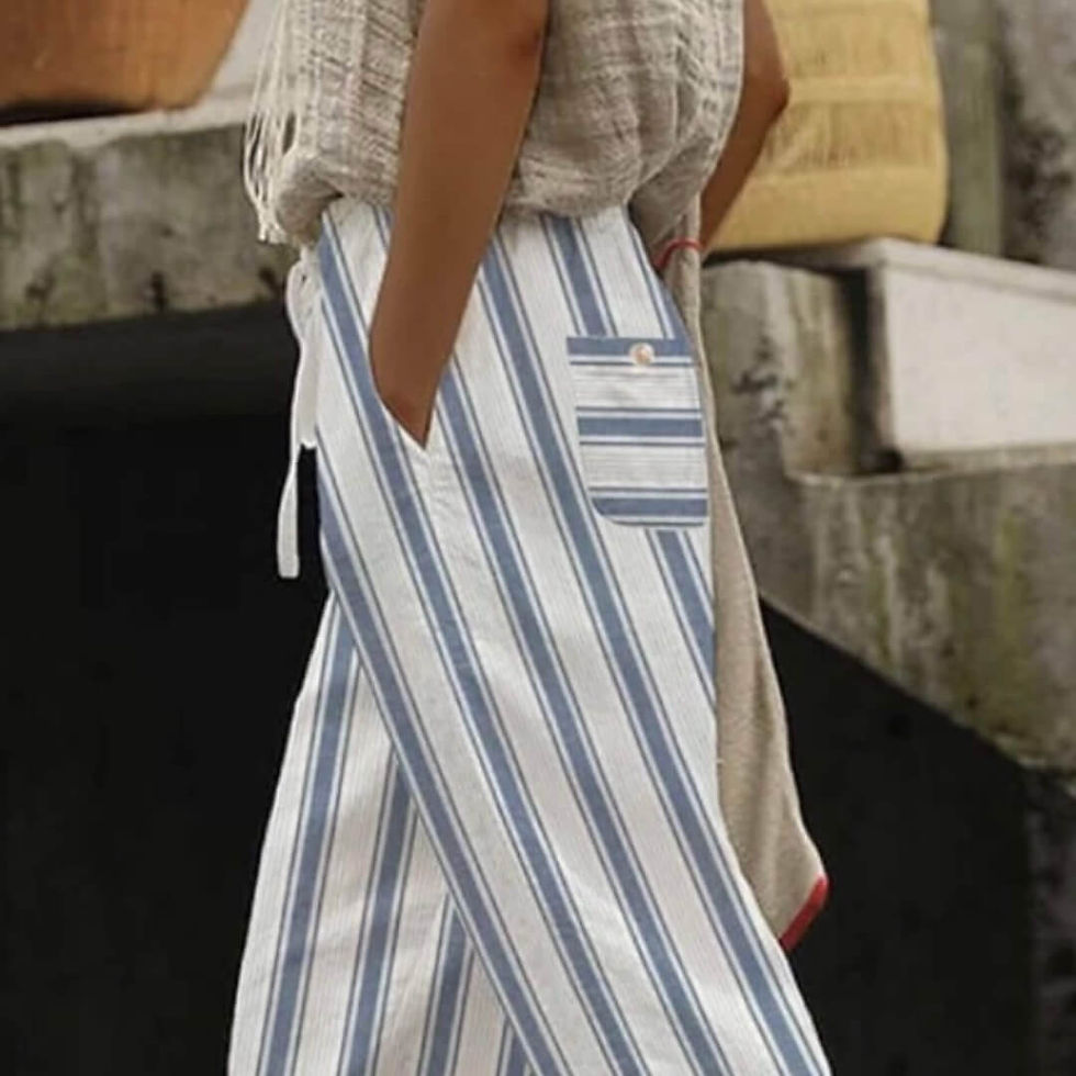 Thumbnail: Women's Linen Striped Pants with Relaxed Fit and Back Pocket
