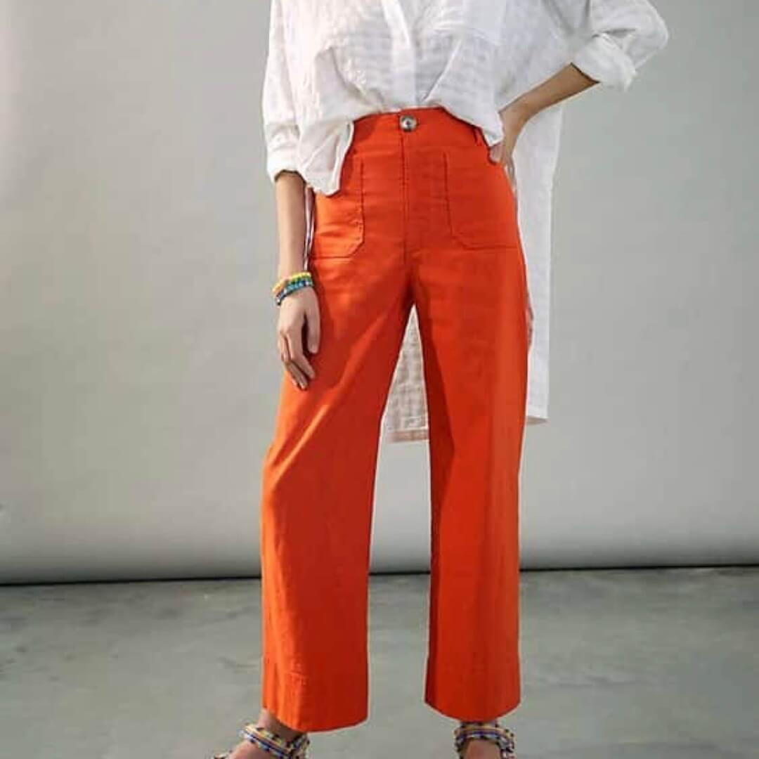 Women's Linen Pants in Vibrant Orange with Front Patch Pockets
