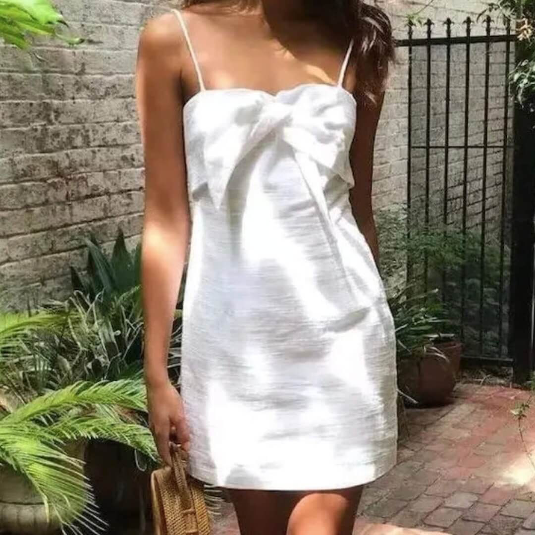 Women's White Linen Mini Dress with Sleeveless Bow Accent