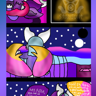 # Page 2

Panel 1 and 2: Dawn is looking at Rose now, who has an upset look on her face, her heart rate racing when Dawn observes her Aura. 

Panel 3: Rose is now looking over the sea from her dorm's balcony, the view is beautiful and the water is a deep blue. 

Panel 4: Dawn joins her girlfriend on the balcony and plades a comforting paw on her shoulder. "Hey, Rose? Ya feeling alright?  Your heart rate is high. "
Rose replies: "huh? Oh yeah, I'm alright. Just had a nightmare. A Halden copy of myself, not a kind gal."