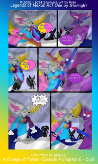 # Chapter 6
Panel 1: Rose having her weapons drawn engaging in some banter with Dawn, "Dawn, you're on."

Panel 2: Dawn draws her scythe and replies, "Give it all you got!"

Panel 3: Rose charges at her with her shield in front of her, "Heh. Confident girl."

Panel 4: Dawn parries Rose's swing with the shaft of her scythe, "That all you got?"

Panel 5: Rose's paws become engulfed in her natural Halden magic, being surrounded by a blue aura as the crowd cheers "yeah! Yeah!!!"

Panel 6: Rose charges at Dawn with 2 void daggers drawn now.