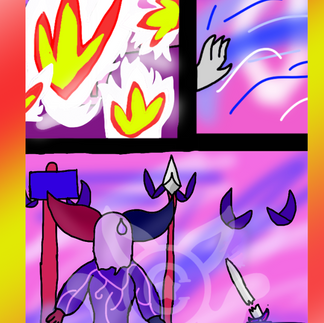 # Page 7

Panel 1: The flame got out of control, setting everything in Red's workshop on fire. 

Panel 2: a silver paw starts activating some ice magic, cooling the air extremely fast and extinguishing the flames. 

Panel 3: Red looks at her now frozen and melted tools with a sweat drop on her head, the walls are covered in blue and white ice