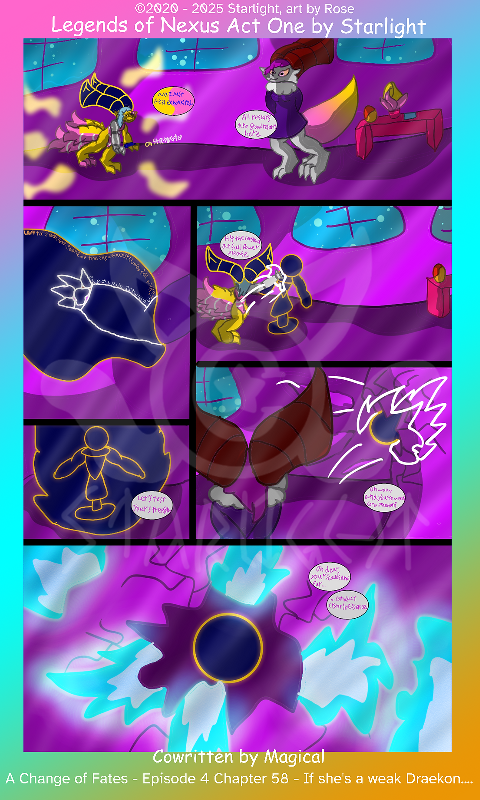 # Chapter 58
Panel 1: Rose slumps over as her Aura dissipates, "No. I just feel exhausted."
"All results are good results here." Luna reassures. 

Panel 2: Luna's arm is surrounded by Void Mist, which glows with a honey colored aura. 

Panel 3: The Void Mist solidifies into a test dummy, "Let's test your strength."

Panel 4: Rose strikes the dummy with her right paw as Luna requests of her, "Hit the construct at full power, please."

Panel 5: The head of the dummy smashes into the wall of the room, embedding itself in it and cracking the rock. "Oh wow, and you're weak for a Draekon?"

Panel 6: The rock around the dummy begins to freeze, "Oh dear, your scales and fur...conduct Cryorin Essence."