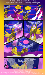 # Chapter 24
Panel 1: The pink cat aims her claymore, the draekon is unamused and comments, "resorting to violence as ever, I see."

Panel 2: The cat jumps in the air and raises her claymore above her head. The draekon comments, "This is pathetic, even for you."

Panel 3: Effortlessly, the golden draekon impales her through the chest with her spear. The cat's pink Aura glows around her body.

Panel 4: A blade is thrust through the draekon as the pink cat's Aura disperses instead of detonating. 

Panel 5: The draekon falls on the ground in pain, paws to her head as the cat mocks, "You should have learned my powers." Referring to her mastery of illusions.

Panel 6: The draekonae howls as she morphs into her quadrupedal form and sends the cat into one of the pillars, sending cracks through it.