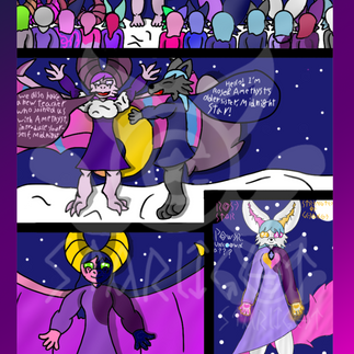# Page 24

Panel 1: Luna is standing and adressing the inhabitants of the Temple for their monthly meetings. "As you know, I have some announcements to make about how life at the temple has changed! We have new members, Amethyst and Rose Star, Lila Flare, and Lora Hail!"

Panel 2: Luna now sprouts wings and invites Midnight to stand. "We also have a new teacher who joined us with Amethys! Introduce yourself, Midnight!"
Midnight: "Hello! I'm Rose and Amethyst's sister, Midnight Star!"

Panel 3: Stoaro is standing anxious about being singled out by Luna, "And now, we have a special announcement from out seamstress, take it away Stoaro!"

Panel 4: A character panel depicting Rose in her Master's Robes