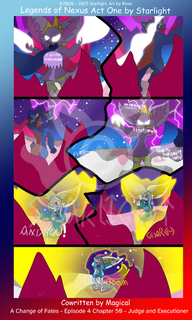 # Chapter 50
Panel 1: Fen's paws are emitting white enrgy as she coldly remarks, "I am the executioner."

Panel 2: Energy consumes Tryson's right arm and part of his face as he growls at her. 

Panel 3: He falls over, right eye blind and right arm missing. The church in the background is cracked with white energy in it. 

Panel 4: Fen points at Tryson while condensing the energy into a ball, remarking, "Stay down."

Panel 5: She notices Rose, whose Aura has begun to condense, "And you!"

Panel 6: Rose's Aura condenses further, close to her body. 

Panel 7: Rose's Aura explodes outward around her, rapidly expanding.