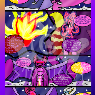 # Page 26

Panel 1: Rose looks up in fear as the draekon soars down. "Everybody run! We're under attack! Get off the peak!"

Panel 2: A massive fireball looms above them as the guards rush everyone off. "Alrighty everybody, get to safety. We'll handle this. Draekonae are dangerous. This meeting is dismissed."

Panel 3: A teal fox in a dark blue robe lined with red energy is sitting in a tree, a ball of her Aura in the middle of her paws as she controls the draekon. "Yes. Hehehe. Attack, show them how futile their actions are—" she realizes Rose and Dawn refused to back down and reacts accordingly. "What!?"
Dawn: "Rose, honey, what are you doing? Run! It's too dangerous, we can't do much to help."

Panel 4: Rose points her sword at the draekon to keep her back, it looks in pain. 
Enygma: "what does this *child* think shes going to do to stop me?"
Rose: "Dawn, I have a plan. I'm gonna need your help, this draekon is in pain and not under her own control."
Dawn: "I see. I'm ready to help you, let's do this. Good ludk honey."

Panel 5: Rose is visibly upset as she looks at her controlled friend here, "Oh Xena, you poor girl. What did they do to you? Don't worry, I'll help you."