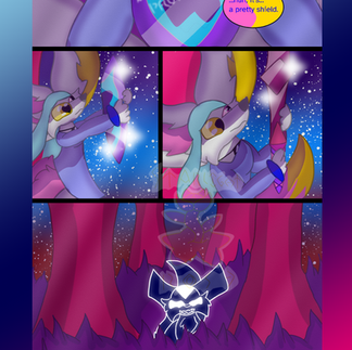 # Chapter 128
Panel 1: She holds the shield above her lap, confused. "...huh. It's...a pretty shield."

Panel 2: She holds it up as it shines in the moonlight. 

Panel 3: She now holds up the sword in the moonlight. 

Panel 4: Unbeknownst to her, a wild Nyx - territorial quadrupeds of the Voidspawn Kingdom - is stalking her as prey under some trees.