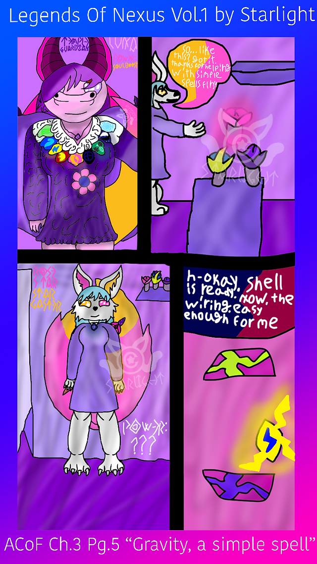 # Page 5 

Panel 1: a character sheet depicting Luna in her dres. 

Panel 2: Rose raises her arm as she lifts the flower pot, the pink rose, with her magic. "So like this? Got it, thanks for helping me with simple spells first."

Panel 3: A charadter sheet depicting Rose in a cyan dress. 

Panel 4: 2 trapezoidal halves of something with yellow and blue accents against a pink background. Red says "ok, shell is done. Now the wiring, simple enough for me."