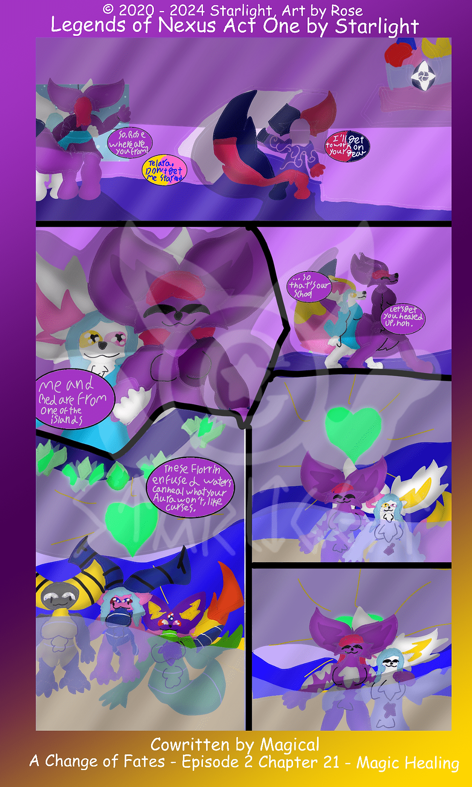 # Chapter 21
Panel 1: Rose and Dawn talking by a window in their dorm while Red walks out to do something.  
"So Rose, where are you from?"
"Telara. Don't get me started."
Red pushes through the curtain door, "I'll get to work on your gear."

Panel 2: A Close up of Rose and Dawn's faces as Dawn talks, "Me and Red are from one of the islands." They both look happy. 

Panel 3: Rose and Dawn walking through one of the dorm hallways, "...So that's our school. Let's get you healed up, hon."

Panel 4: At the healing spring in the temple, a few people are relaxing in the waters when Dawn explains what it is, "These Florrin infused waters can heal things your Aura won't, like curses."

Panel 5: Rose and Dawn sit down in the waters. 

Panel 6: They fall asleep relaxing in the water.