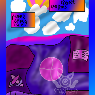 # Page 3

A landscape shot of the Temple of Light's courtyard, violet paths with an embedded symbol for the Halden Realm: A circle with a rounded cross. 

Text boxes read as follows [Dawn of the next day,] [Temple Of Light Dorms,] [Floor Five]