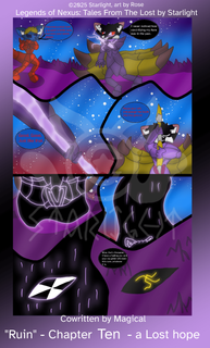 # Chapter 10
Panel 1: Crystal stares at the Aura Construct in her paws while Sapphron guides her, "I learned a trick from a student a while back. Summon your spear please."
"I never noticed how electrifying my Aura was in the past."

Panel 2: Doing as instructed, her Aura extends into a lengthy polearm weapon. "Good. Good. Just like that."

Panel 3: She focuses and raises her spear in front of her. "Focus your will, and plunge the blade into the ground."

Panel 4: Dark energy explodes from the ground around her, forming a geyser mixed with her Aura. 

Panel 5: The geyser extends far into the sky, the only thing of her visible is her ears. 

Panel 6: The geyser begins to condense into a small gemstone. 

Panel 7: The geyser fades and a small rock with the Rune of the Lost on it appears in front of them. "Wow that's tiresome...I have a feeling you and your daughter will need this rune...whatever it is."