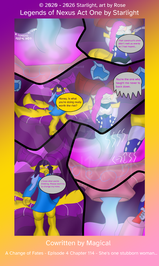 # Chapter 114
Panel 1: Liquid metal pours out of a forge spout. 

Panel 2: Donned in cyan armor, Luna stands and stares at her forge, "That construct's shell didn't melt as evenly as I hoped..."

Panel 2: Luna's wife shows up behind her in the mouth of this room's cave entrance. "Honey, is what you're doing really worth the risk?"
"You're the one who taught me never to back down." She reminds. 

Panel 3: Luna's wife thinks for a moment, and Luna notices this. "I know what you're thinking. Please don't try to change my mind."