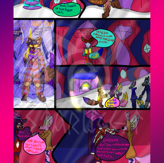 # Page 46  Panel 1: An overview of Telara, in the center of a few buildings lays a frozen fountain.  Emerald: "Oh! Her Honor is expecting you!" Rose: Wait, Honor? Isn't that reserved for royals?" Emerald: Yeah, Shade of the Ryder Clan."  Panel 2: stepping out of the post office is Twyn Ryder, he notices Rose and her friends, "Ah! There you are, we've been waiting."  Panel 3: A character sheet of Twyn depicting him resting his claymore on his shoulder in front of Summer's grave.  Panel 4: Magen Ryder is standing in front of a general item shop called Theo's. "Obsidian tipped arrows, I have been neding more."  Panel 5: A forge glows brightly in the background while Twyn greets the adventurers and Rose acknowledges him. "Good evening, Twyn."  Panels 7 and 8: Felix Kathryn, a cyan cat with yellow hair and an orange dress, tries to bargain with Shade about the current situation. *how rediculous.* Thinks Shade Felix: "Are you sure she's safe? I mean, 3 years ago, she—" Annoyed, Shade points a claw at them and explains. "Everyone but you acknowledge her curse. You would be wise not to anger her, Felix."