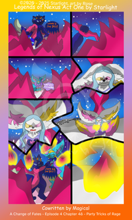 # Chapter 48

Panel 1: In the middle of Tryson's tavern, Sylver and her assistant are nowhere to be seen. Enraged, he shouts, "Where'd she go!?"

Panel 2: Tryson grabbing a chunk of wood as a weapon. 

Panel 3: Fen Qrow sitting in the middle of rubble crying from stress, "Why did this happen?"

Panel 4: Rose notices Fen crying and is almost about to cry herself. 

Panel 5: Steeling herself, Rose raises her ears back and takes a breath. 

Penel 6: Rose puts her paws in front of her and activates her Aura around them. 

Panel 7: Tryson grabs Fen by the throat and yells in her face as Rose lifts shards of wood around them. "Where did she go!?"

Panel 8: Rose's Aura grabs a larger chunk of wood due to the volatility of her magic.