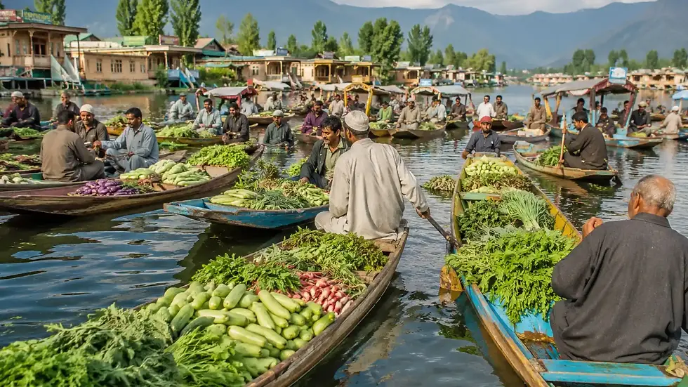Xogul – Best Travel Agency in Kashmir showcasing the famous Dal Lake vegetable market in Srinagar with traditional shikara boats, local vendors, and authentic Kashmiri cultural experiences.