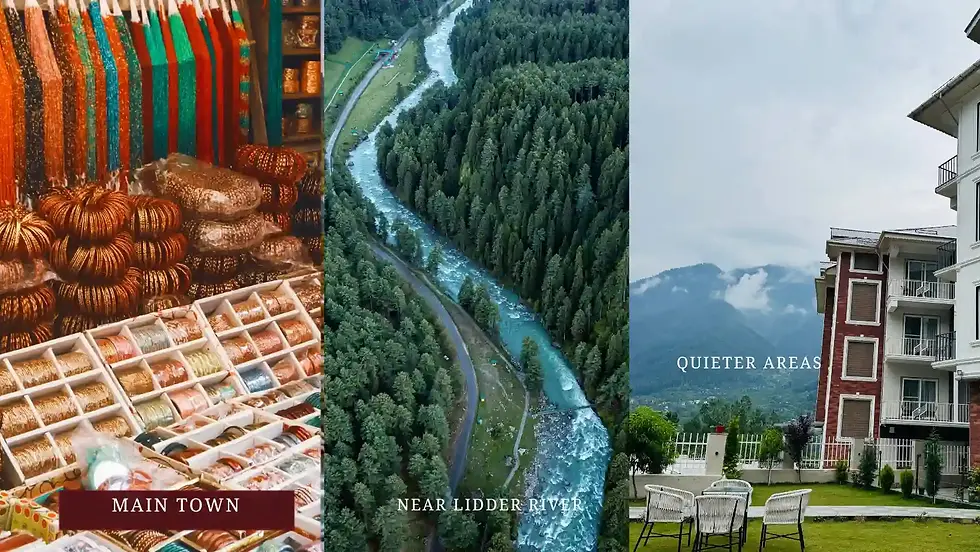 Comparison of Hotels in Pahalgam located in the main town, near Lidder River and in quieter mountain areas