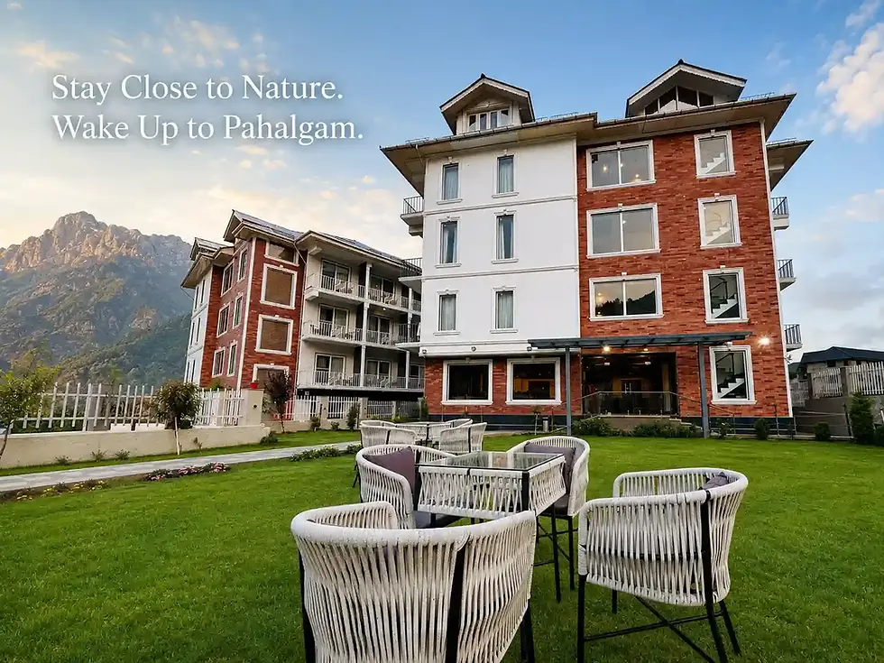 Best Hotel in Pahalgam featuring a peaceful lawn, outdoor seating and mountain scenery