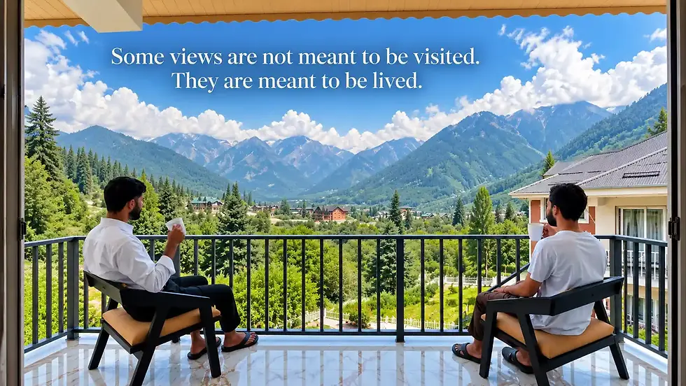 Guests enjoying tea and panoramic mountain views from the balcony of Hotels in Pahalgam