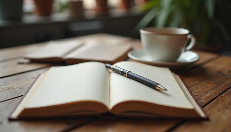 Eye-level view of a journal open on a wooden table with a pen and a cup of tea